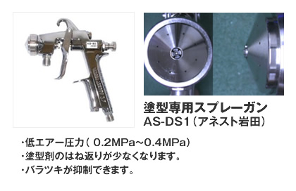 装置専用スプレーガン AS-80-DS1(アネスト岩田)　低エアー圧力　塗型剤のはね返りが少なくなります。バラツキが抑制できます。